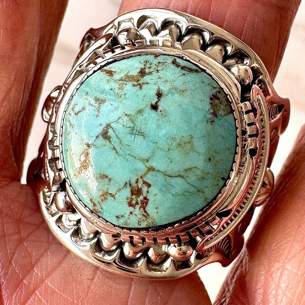 BIG Navajo Mens Turquoise Ring Sz 14 Wide Band Signed Lee Sterling Native Amer